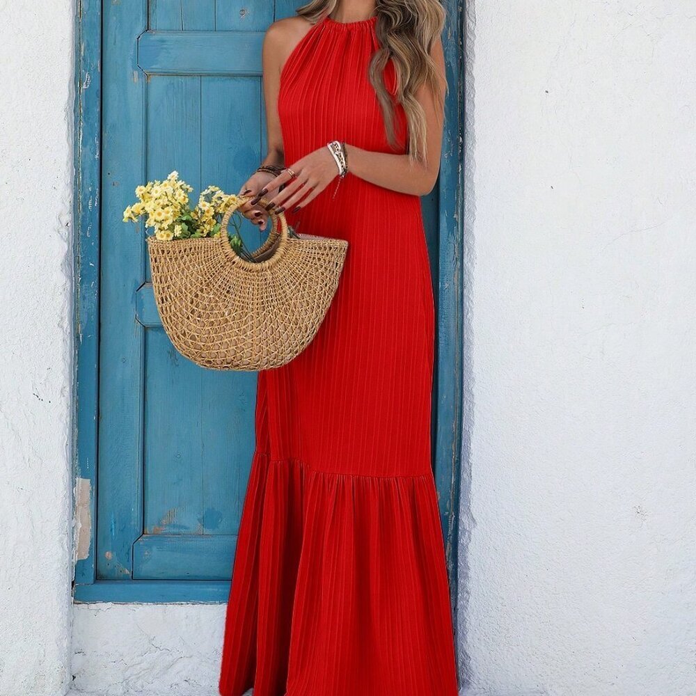 Red Bohemian Casual Women's Woven Ruffle Loose Hem Dress